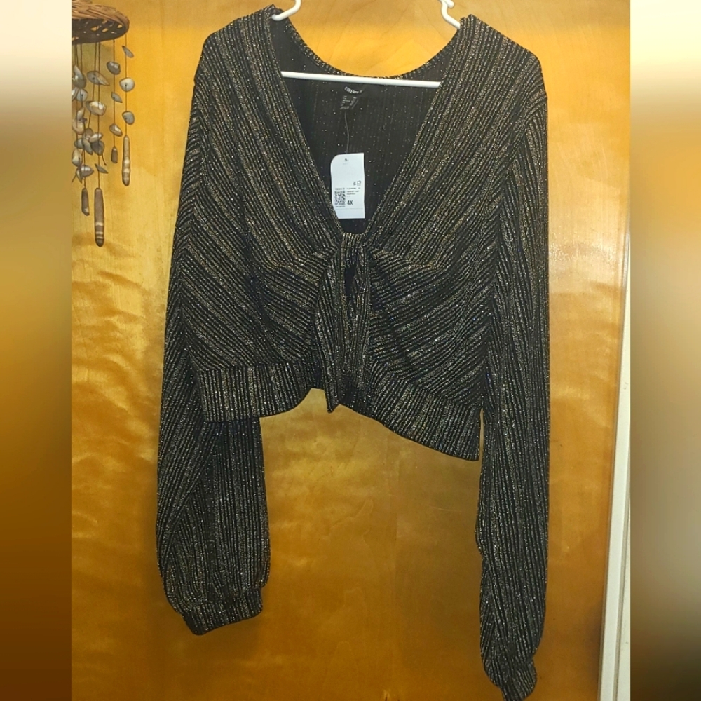 Forever 21 Metallic Black and Gold striped tie front Top 4x